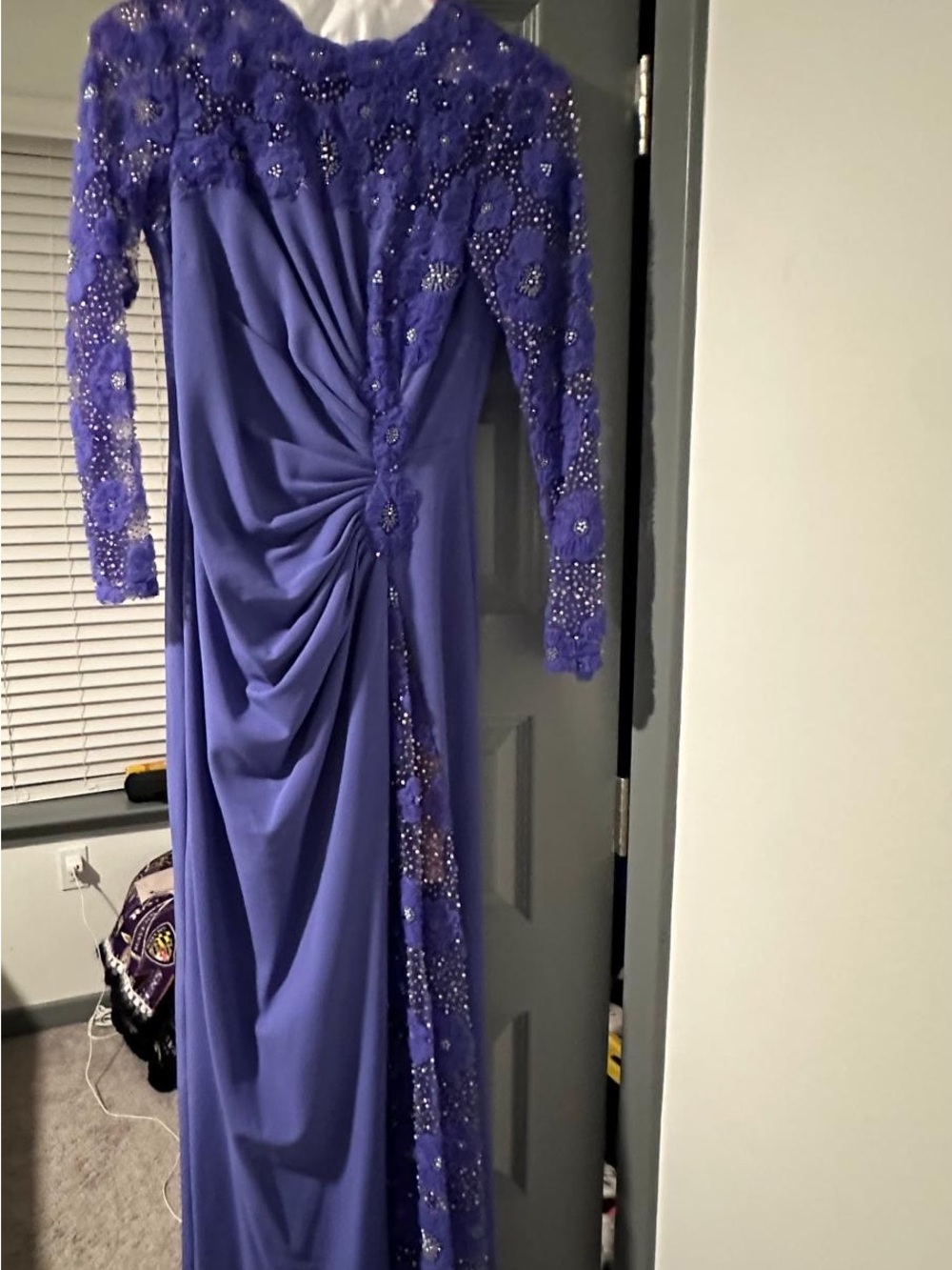 Elegant Purple Beaded Long Sleeve Evening Dress